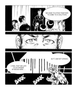 A page from Hāmākua Hero depicting Goto informing other sugar plantation workers that they must stick together despite the danger in negotiations with management.