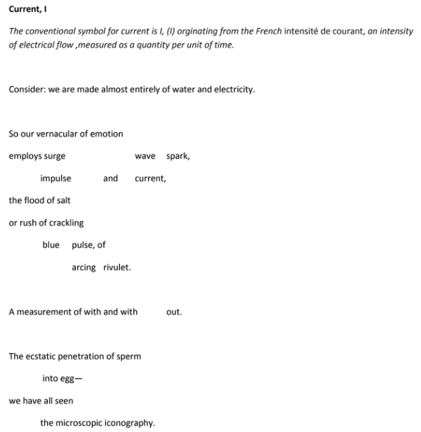 An excerpt of the poem, "Current, I," by Lehua M. Taitano.